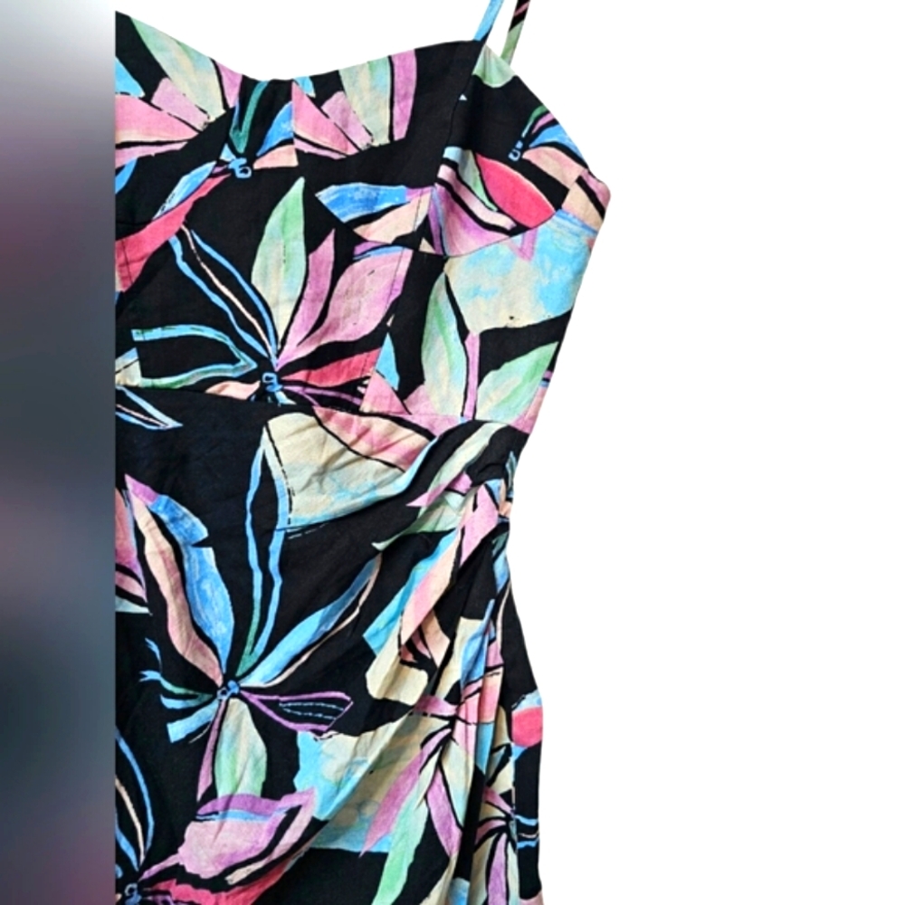 🆕️Zara Linen Floral Tropical Black & Pink Corset Faux Wrap Summer Dress - Picture 11 of 14